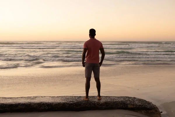 Rear View African American Young Man Looking Sea Clear Sky — Foto Stock