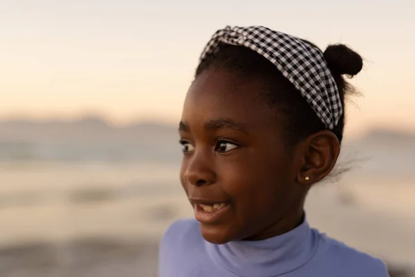 Close Smiling African American Cute Girl Looking Away Sea Clear — Zdjęcie stockowe
