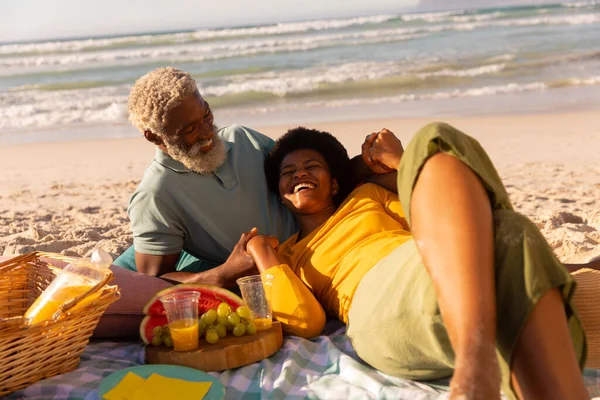 Cheerful African American Mature Woman Lying Food Drink Senior Man — Stock Photo, Image