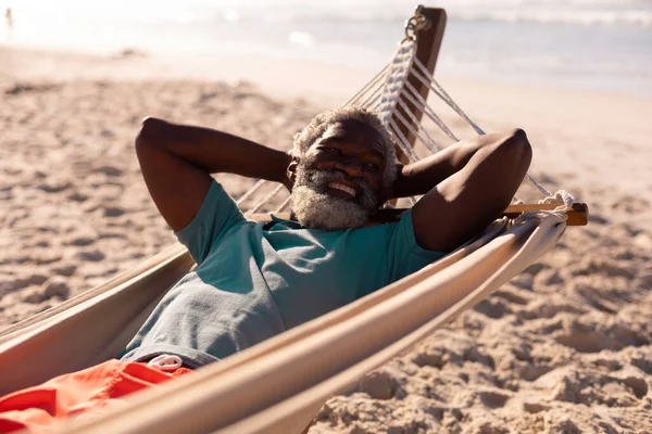 Bearded African American Senior Man Hands Head Lying Hammock Beach — Stock Photo, Image