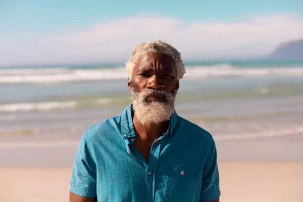 Portrait Serious Bearded African American Senior Man Gray Hair Standing — Stock Photo, Image