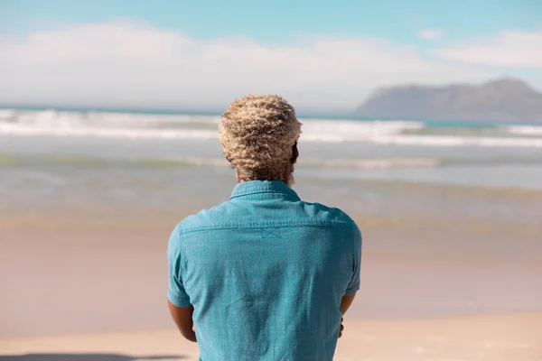 晴れた日には灰色の髪をしたアフリカ系アメリカ人のシニア男性の後部ビューは 空に対して海を見て 変わらない ライフスタイル 楽しみと休日の概念 — ストック写真