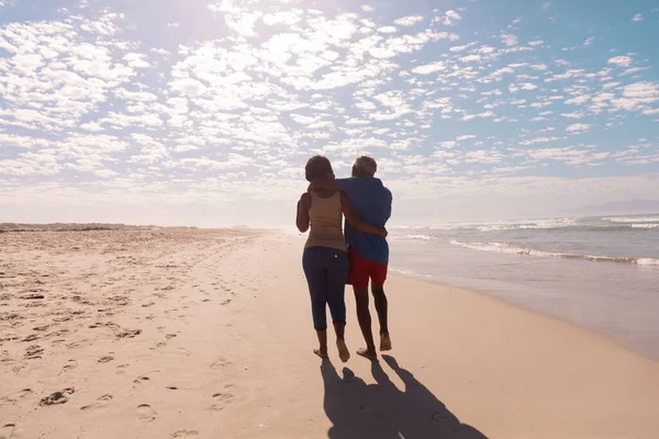 Rear View African American Couple Arms Walking Sandy Beach Sky — Stock Photo, Image