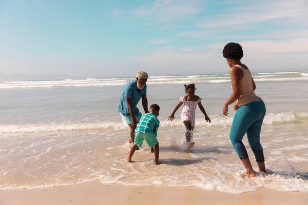 Африканські Американські Діди Дідусь Бабусею Бавляться Внуками Серед Хвиль Морі — стокове фото