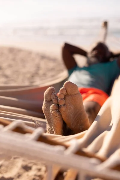 African American Senior Man Sand Feet Lying Hammock Beach Sunny — Stock Photo, Image