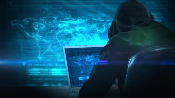 Arka Plan Üzerinde Veri Bulunan Dizüstü Bilgisayar Kullanarak Hacker Kompozit — Stok video