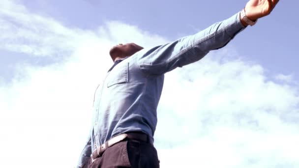 Side View Standing Man Outstretched Arms Outdoors — Stock Video
