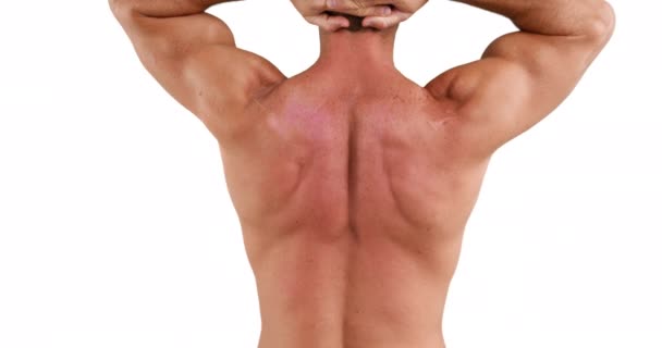 Muskuløs Mand Bøjer Sine Muskler Hvid Baggrund – Stock-video