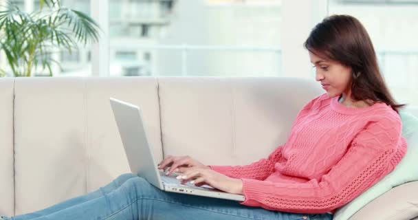 微笑的女人在沙发上使用便携式计算机 — 图库视频影像
