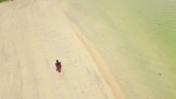 一位漂亮的女子 在沙滩上散步的鸟瞰图 — 图库视频影像