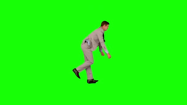 Businessman Running Jumping Slow Motion Green Screen — Stock Video