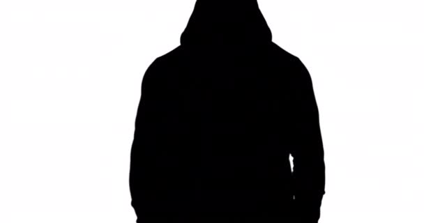 Gespierde Silhouet Van Man Met Kap Witte Achtergrond — Stockvideo