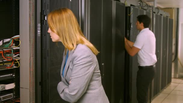 Technicians Working Server Room High Quality Format — Stock Video