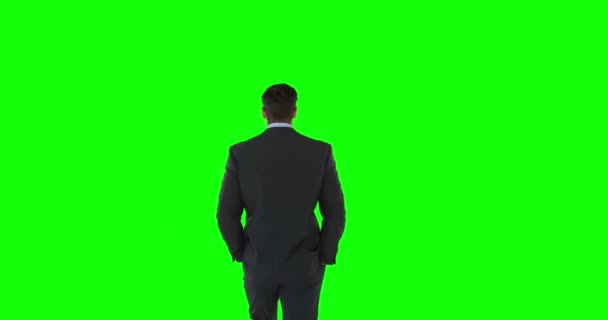 Omul Afaceri Așteaptă Ecran Verde — Videoclip de stoc