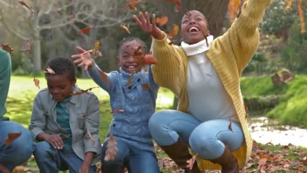 Счастливая Семья Веселится Вместе Разбрасываясь Листьями — стоковое видео