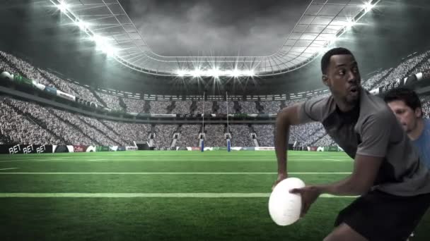 Серьезные Игроки Регби Борются Мяч Стадионе — стоковое видео
