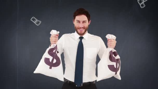 Composite Video Happy Businessman Holding Money Bags — Stock Video