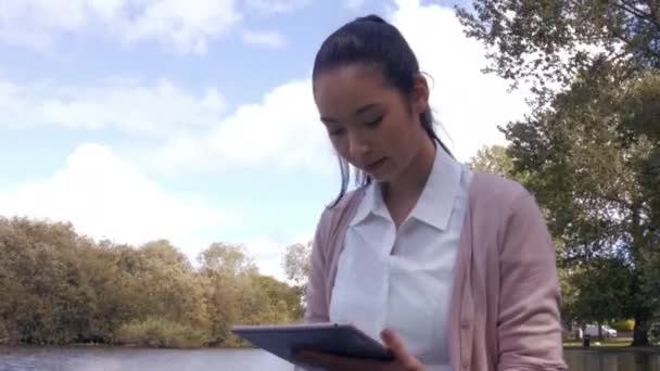 Femeie Afaceri Care Utilizează Tabletă Parc Format Înaltă Calitate — Videoclip de stoc