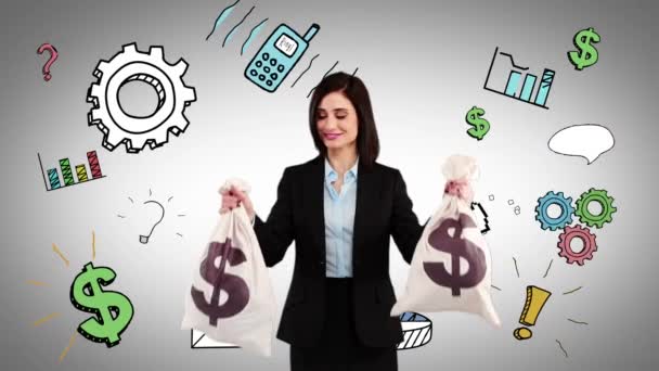 Vídeo Composto Mulher Negócios Feliz Segurando Sacos Dinheiro — Vídeo de Stock