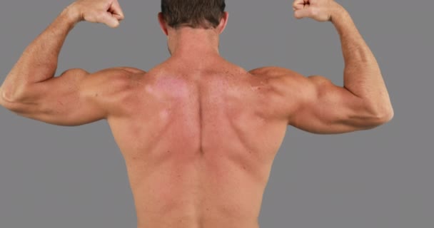 Uomo Muscolare Flettendo Muscoli Sfondo Grigio — Video Stock