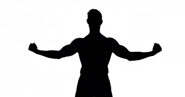 Мышечный Силуэт Человека Сгибающего Мышцы Белом Фоне — стоковое видео