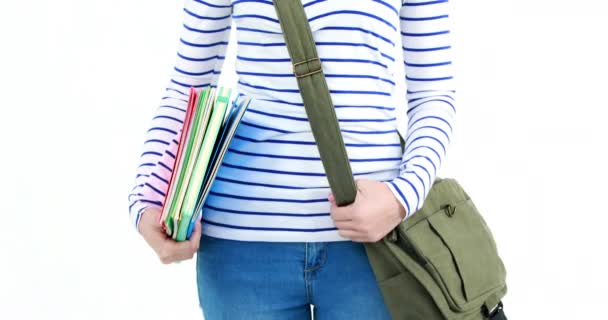 Estudiante Bastante Femenina Sonriendo Cámara Pantalla Blanca — Vídeos de Stock