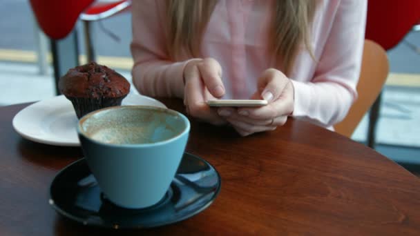 Pretty Blonde Having Coffee Texting Phone High Quality Format — Stock Video