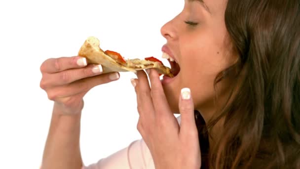 Casual Woman Eating Slice Pizza Slow Motion — Stock Video