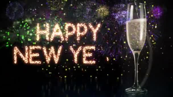 Glas Champagner Mit Feuerwerk Auf Schwarzem Bildschirm — Stockvideo