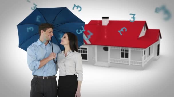 Bild Des Geschäftsmannes Und Der Geschäftsfrau Die Einen Regenschirm Gegen — Stockvideo