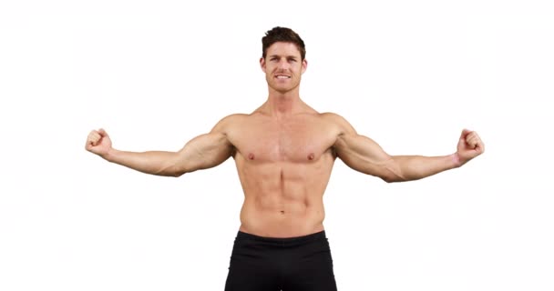 Homem Muscular Flexionando Seu Músculo Sobre Fundo Branco — Vídeo de Stock