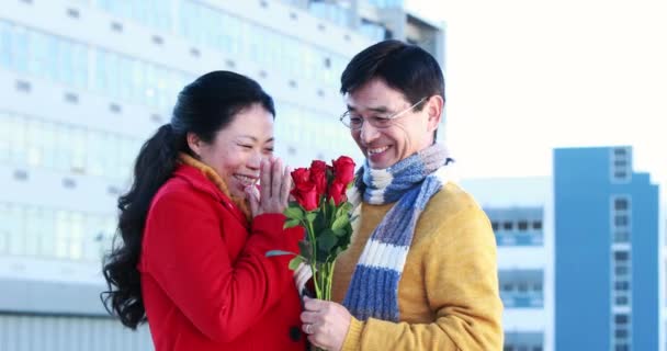 亚洲男子给他的妻子在户外的玫瑰 — 图库视频影像