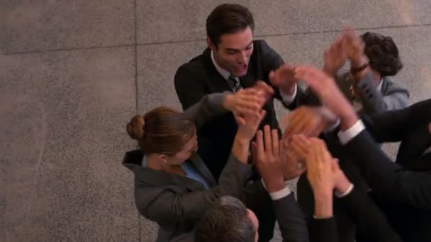 Happy Business Team Putting Hands Together Slow Motion — Stock Video