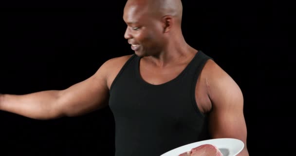 Muscular Man Meat Flexing Muscles Black Background — Stock Video