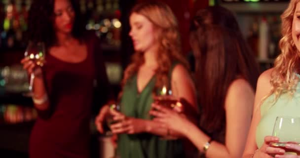 Lachende Vrouw Met Glas Wijn Bar — Stockvideo