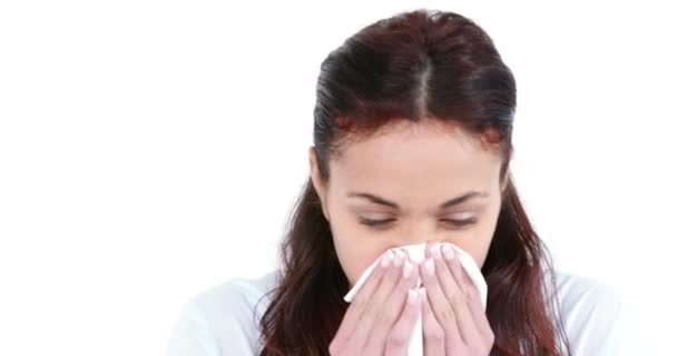 Woman Blowing Nose Tissue Paper White Background — Stock Video