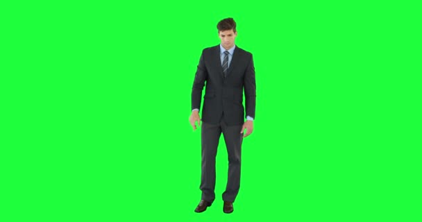 Businessman Pointing Screen Green Background — Stock Video