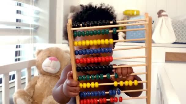 Cute Baby Girl Standing Her Crib Home — Stock Video