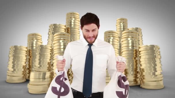Composite Video Happy Businessman Holding Money Bags — Stock Video