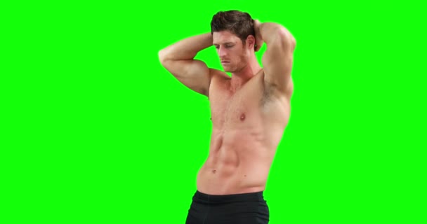 Homme Musclé Fléchissant Ses Muscles Sur Fond Vert — Video