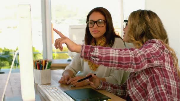 Girl Helping Another Girl Computer Slow Motion — Stock Video