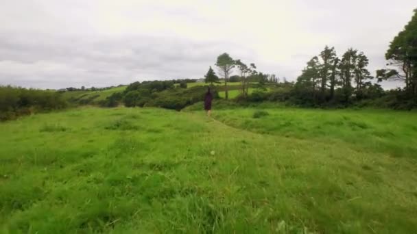 Вид Сзади Красивую Девушку Идущую Зеленому Ландшафту — стоковое видео