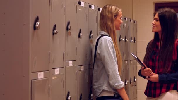 つの幸せな学生が廊下でお互いにチャット — ストック動画