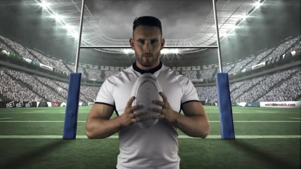 Serious Rugby Player Holding Rugby Ball Stadium — Stock Video
