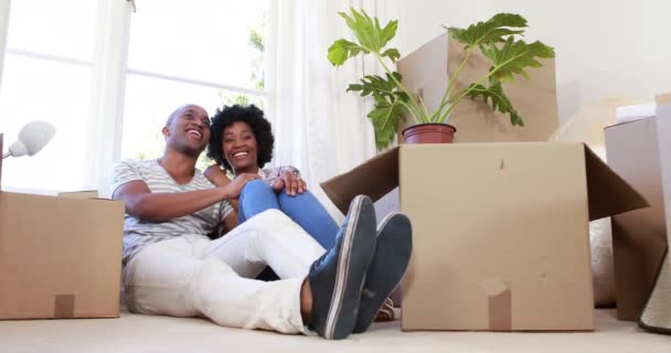 Smiling Couple Unpacking Cardboard Boxes New Home — Stock Video
