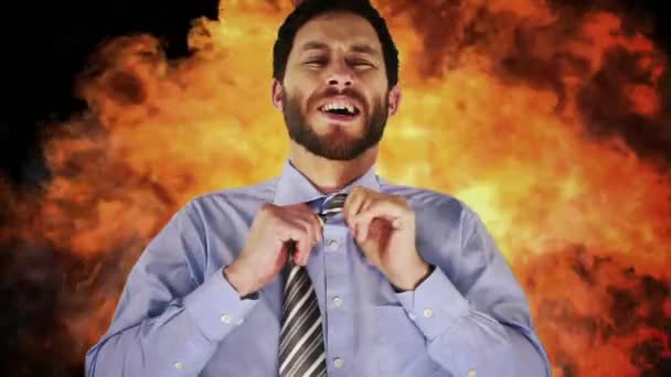 Stressed Businessman Flaming Background — Stock Video