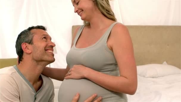 Happy Future Parents Bedroom Touching Belly Home — Stock Video