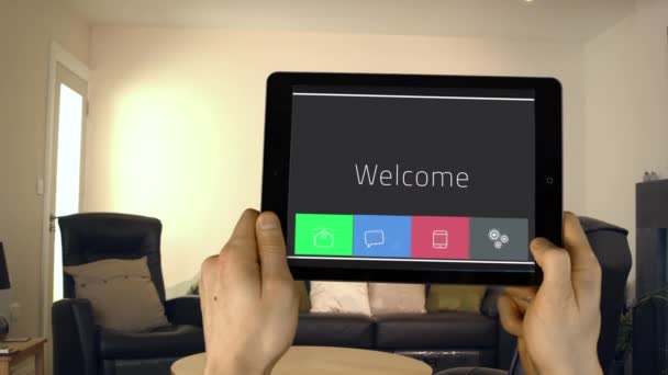 Man Hands Using Tablet Living Room — Stock Video
