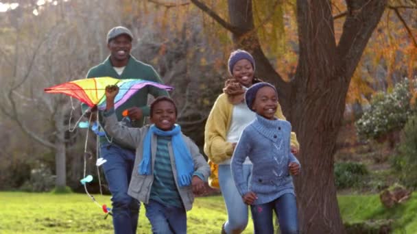 Fröhliche Familie Die Zusammen Mit Einem Bunten Drachen Spaß Hat — Stockvideo