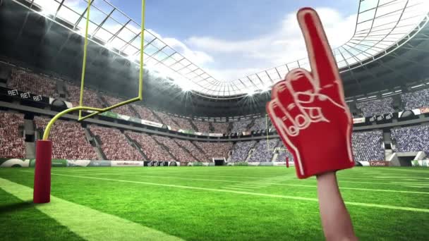 Supporter Waving Foam Finger Stadium — Stock Video